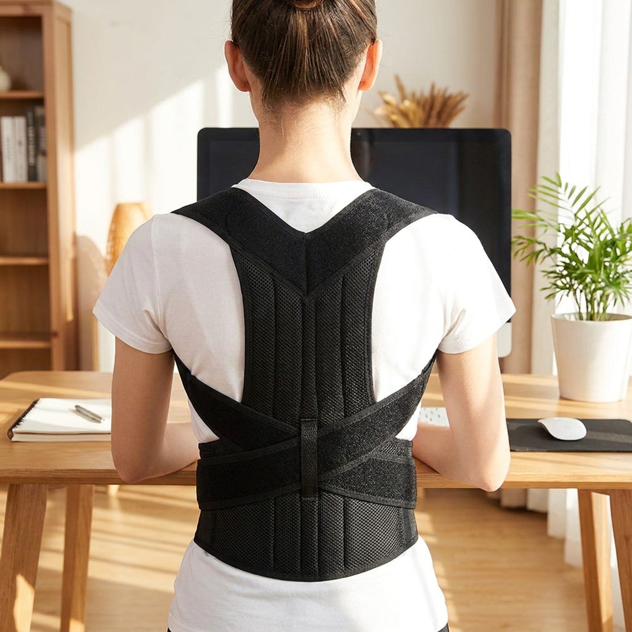 Posture corrector worn at a desk